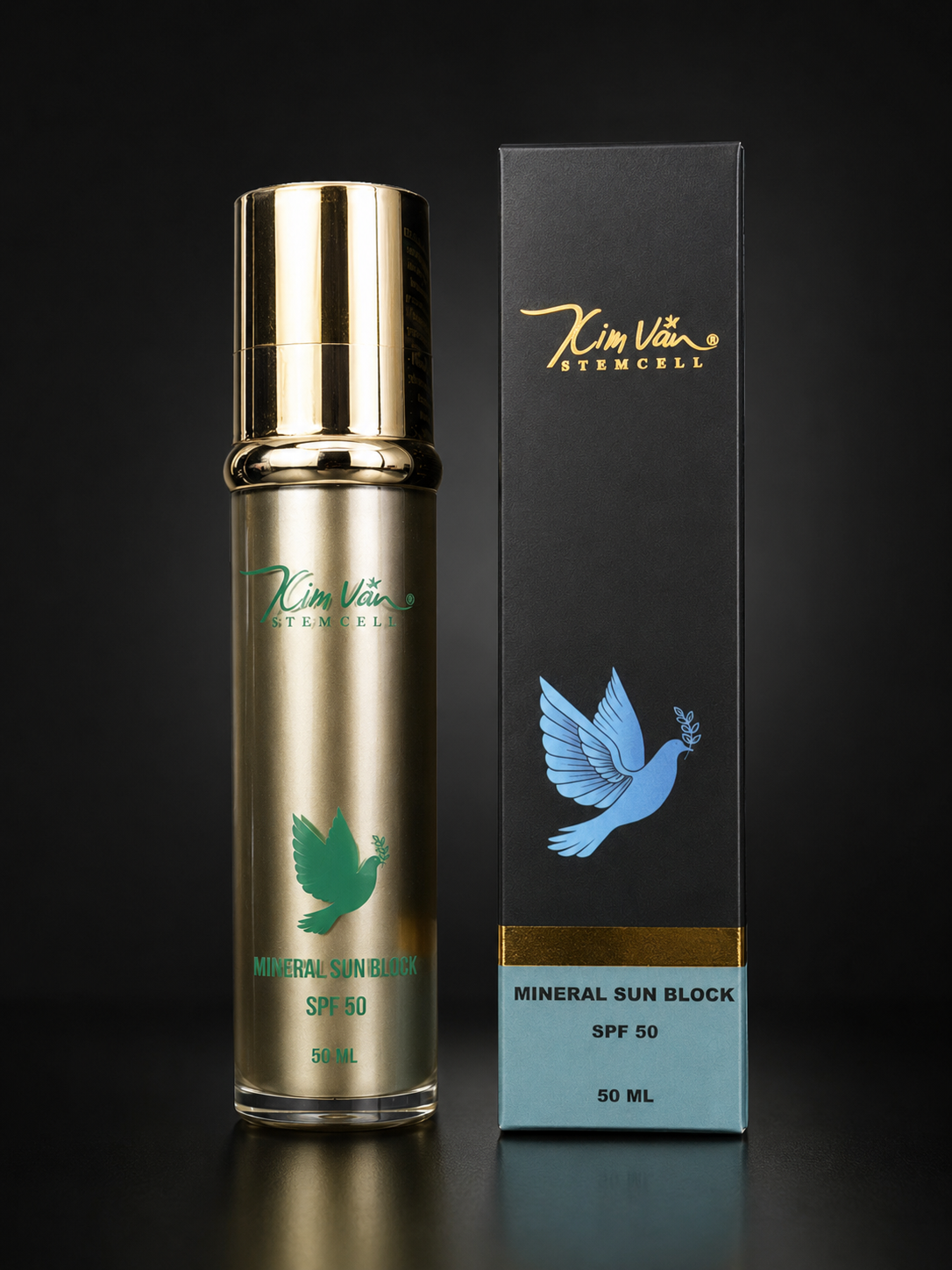 Kim Van Stemcell Mineral Sunblock SPF 50 in a 50ml bottle with a gold cap, shown next to its black packaging box with a blue dove logo on a dark background.