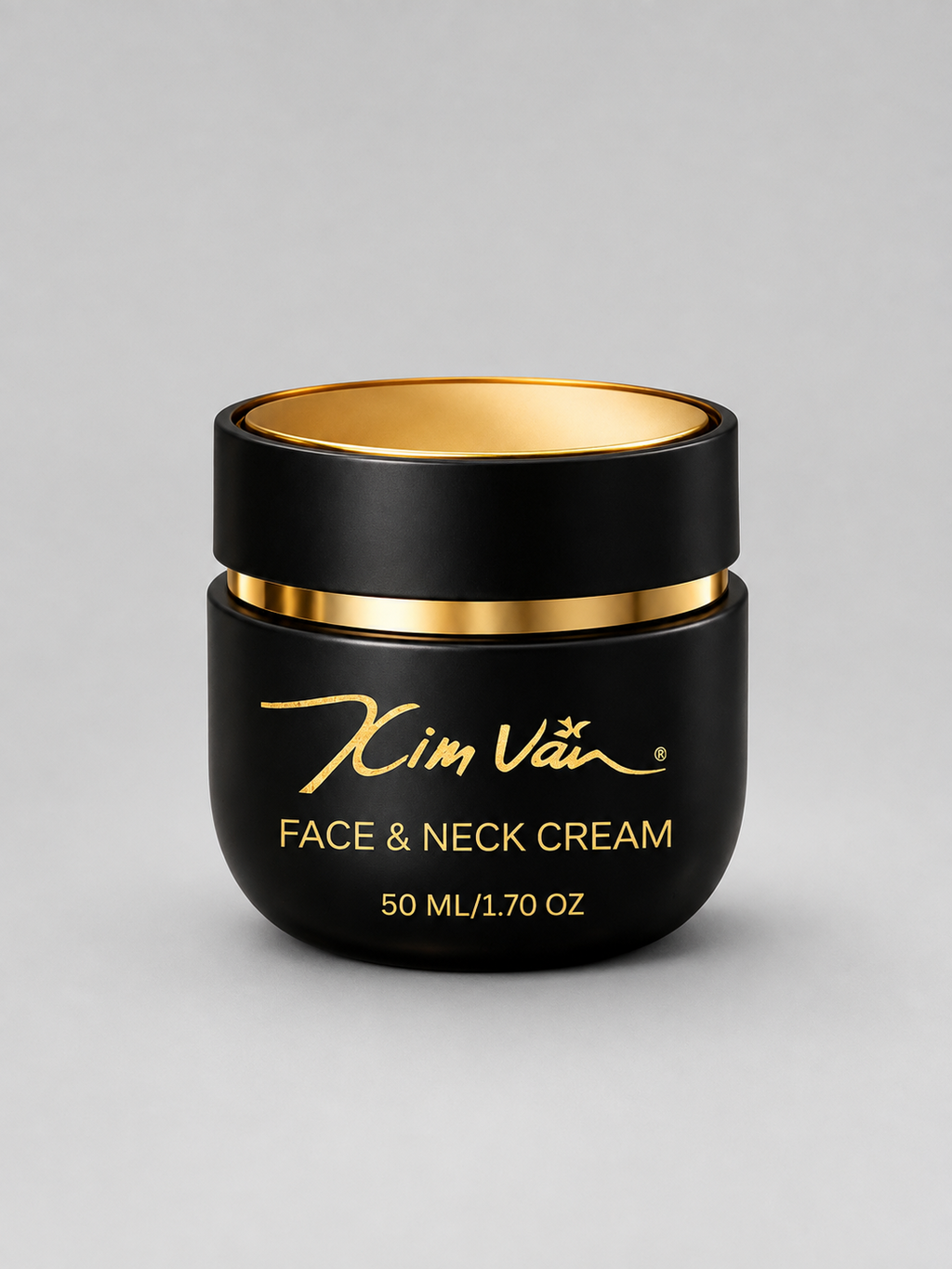 A black cosmetic jar with a gold interior and gold lettering, labeled 'Kim Van Face & Neck Cream 50 ML/1.70 OZ', centered on a light gray background.
