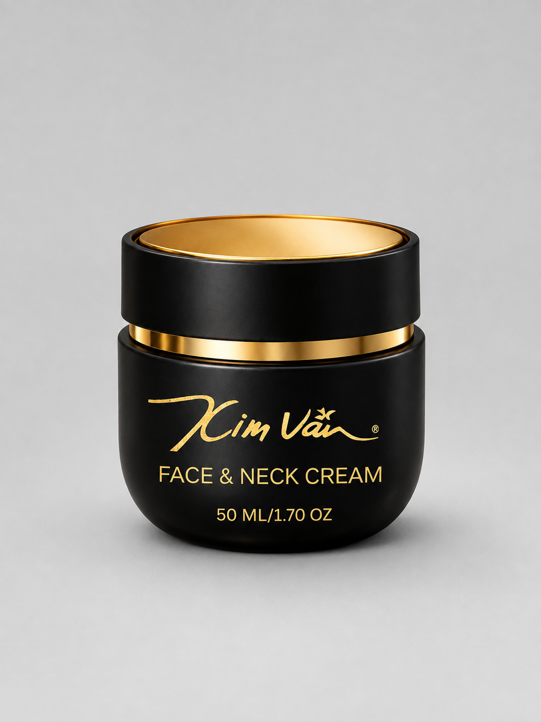 A black cosmetic jar with a gold interior and gold lettering, labeled 'Kim Van Face & Neck Cream 50 ML/1.70 OZ', centered on a light gray background.