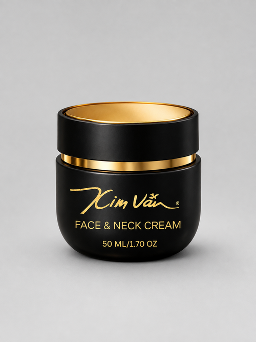 A black cosmetic jar with a gold interior and gold lettering, labeled 'Kim Van Face & Neck Cream 50 ML/1.70 OZ', centered on a light gray background.
