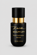Kim Van Sculpt-Lift Youth Activator Serum in a matte black bottle with a gold collar and gold lettering, set against a neutral gray background.