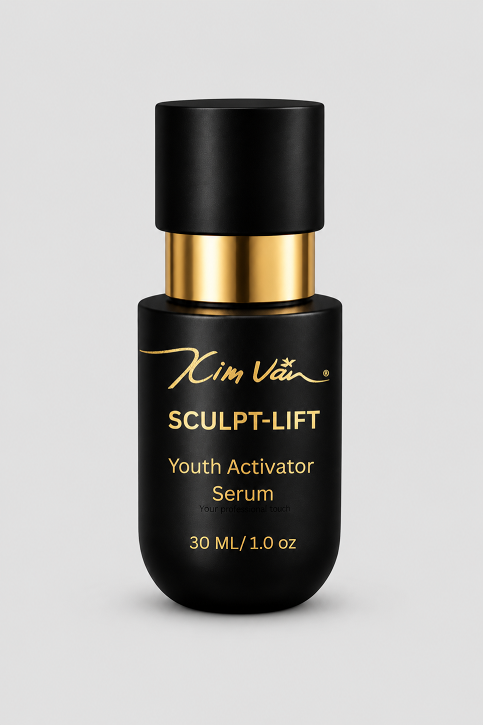Kim Van Sculpt-Lift Youth Activator Serum in a matte black bottle with a gold collar and gold lettering, set against a neutral gray background.